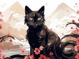Un dessin de chat noir devant un décor typiquement japonais