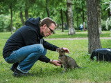Un maitre essayant de dresser son jeune chat