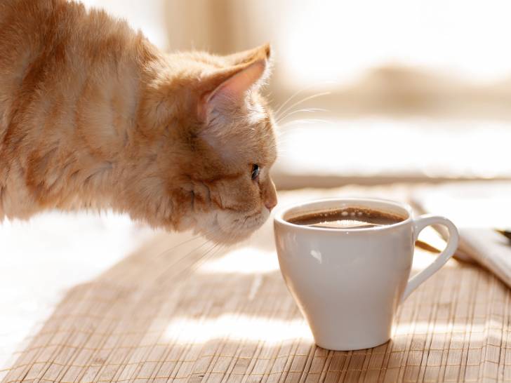 Un chat inspecte une tasse de café sur une table