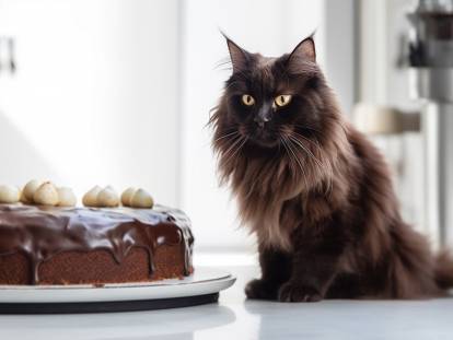 Un chat noir regarde un gâteau au chocolat