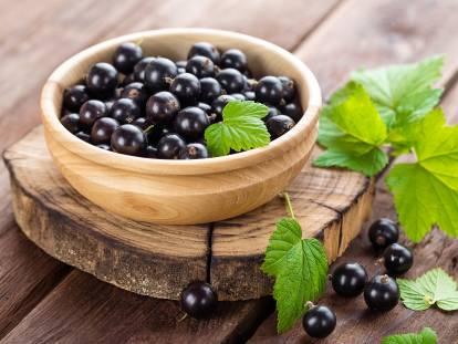 Du cassis dans un panier en osier sur un fond en bois