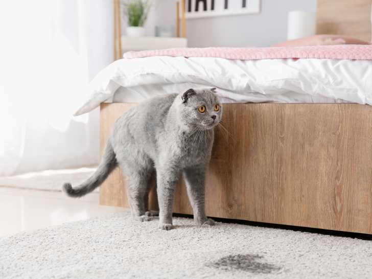 Un Chartreux au pied d'un lit