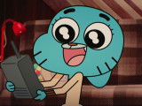 Gumball Watterson tenant un téléphone portable dans ses mains, dans le dessin animé « Le Monde Incroyable de Gumball »