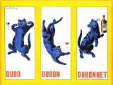 Une affiche avec un chat bleu pour faire la publicité du vin tonique Dubonnet