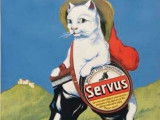 Une affiche avec le Chat botté pour faire la publicité du cirage Servus (1950)