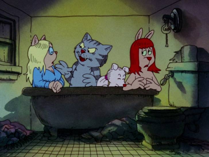 Fritz discutant avec d'autres personnages de « Fritz le Chat » dans une baignoire