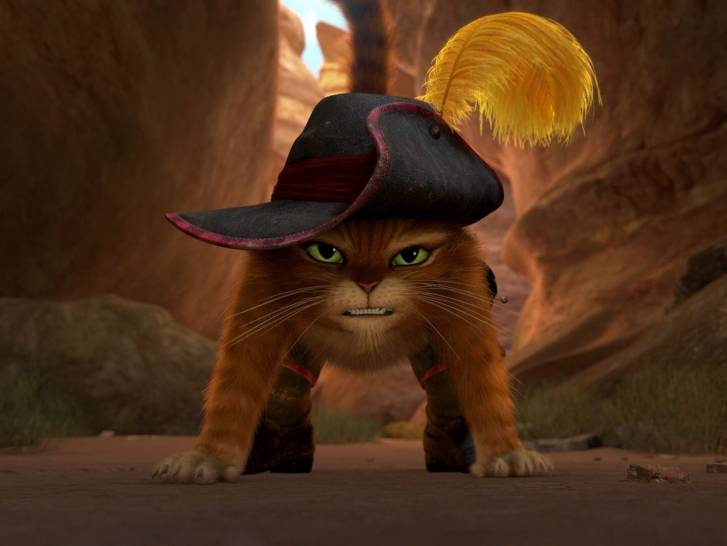 Le Chat potté en position d'attaque, portant un chapeau avec une plume, dans « Le Chat potté »