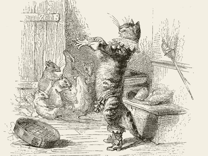 Une illustration d'un chat mettant des gants à côté de souris pour le livre « Cent Proverbes »