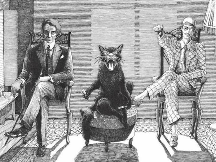 Une illustration du chat Béhémoth assis sur un fauteuil entre le Diable et le Maitre pour « Le Maître et Marguerite », de Mikhaïl Boulgakov