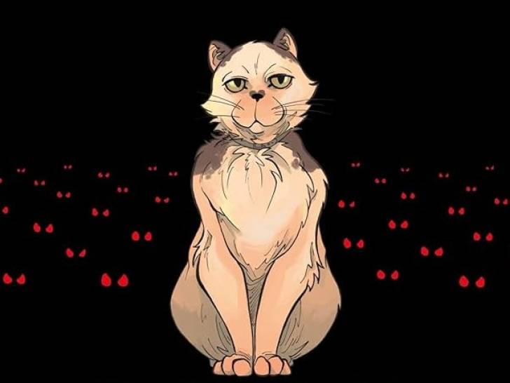 Une illustration d'un chat entouré de yeux rouges pour la couverture du livre « Demain les chats », de Bernard Werber