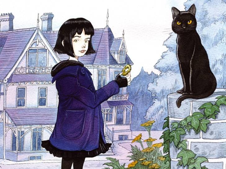 Une illustration de Coraline et de son chat noir pour la couverture du livre « Coraline », de Neil Gaiman