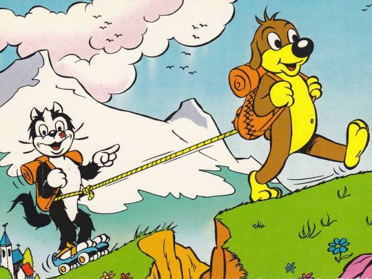 Un dessin de la bande dessinée « Pif le chien » montrant le chat Hercule sur des rollers tiré par Pif  à la montagne
