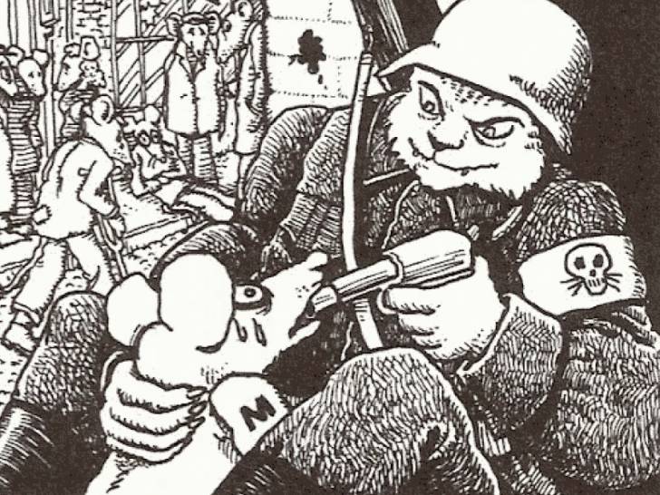 Une image de la bande dessinée « Maus » montrant un chat nazi pointant un pistolet sur une souris juive