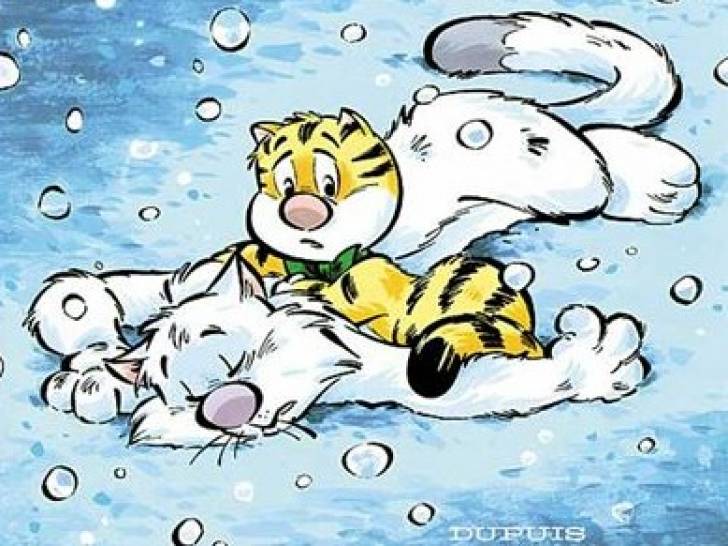 Une image de la bande dessinée « Billy the cat » montrant Billy se tenant sur le dos de Monsieur Hubert dans la neige