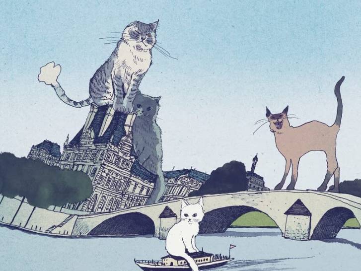 Dessin de chats gigantesques se tenant sur le Louvre et ses environs issu du manga « Les chats du Louvre »