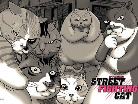 Dessin d'un groupe de chats de gouttière menaçants dans le manga « Street Fighting Cat »