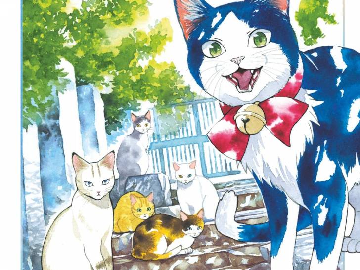 Dessin d'un chat bleu et blanc doté d'un ruban rouge à côté d'un groupe de chats de gouttière dans le manga « Le chat aux sept vies »