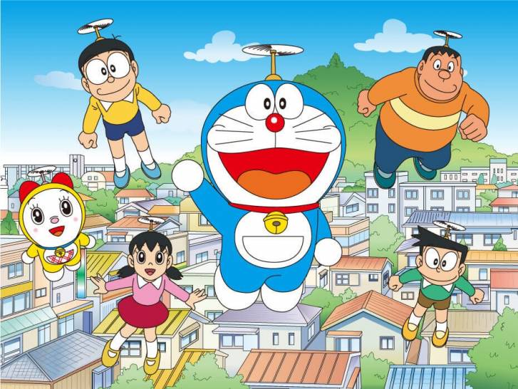 Le chat robot Doraemon et plusieurs autres personnages de l'anime « Doraemon »