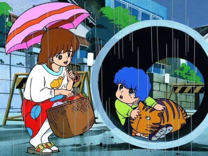 Les personnages de l'anime « Embrasse-moi Lucile » : un jeune garçon nommé Benjamin et son chat Roméo