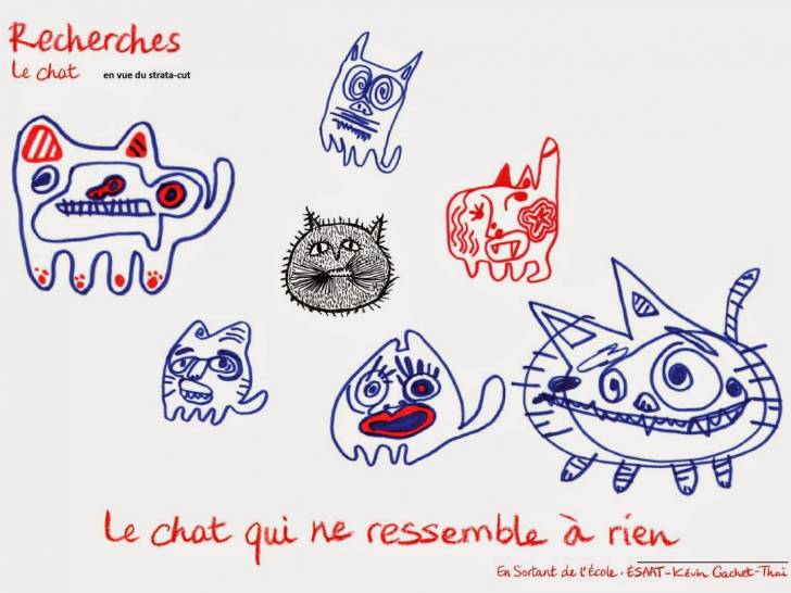 Dessins de chats difformes pour illustrer le poème « Le chat qui ne ressemblait à rien », écrit par Robert Desnos