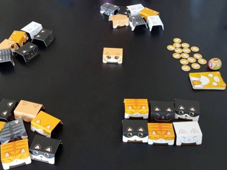 Les pièces du jeu «Tour de chats» posées sur une table