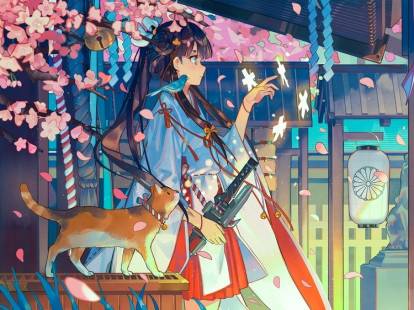 Dessin d'une fille en kimono portant un katana se tenant à côté d'un chat