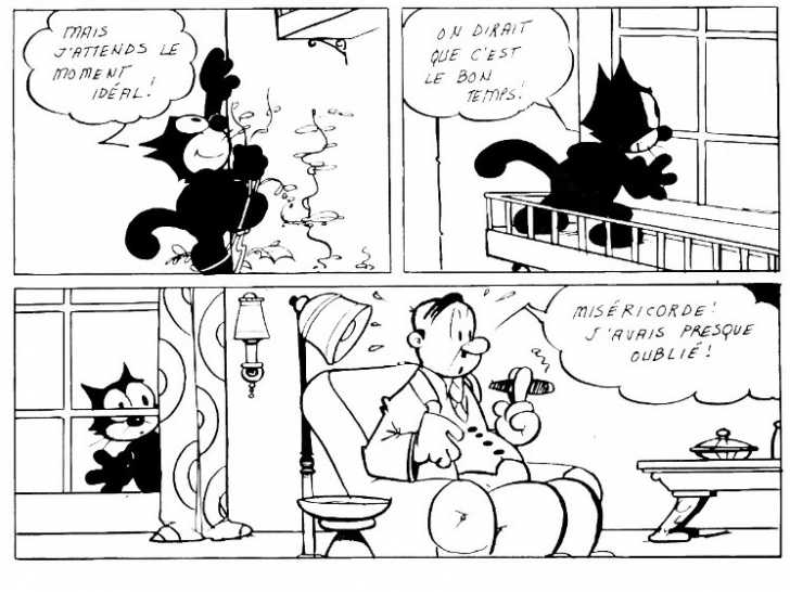 Trois cases d'une bande dessinée « Felix le chat » montrant Félix grimpant à un balcon