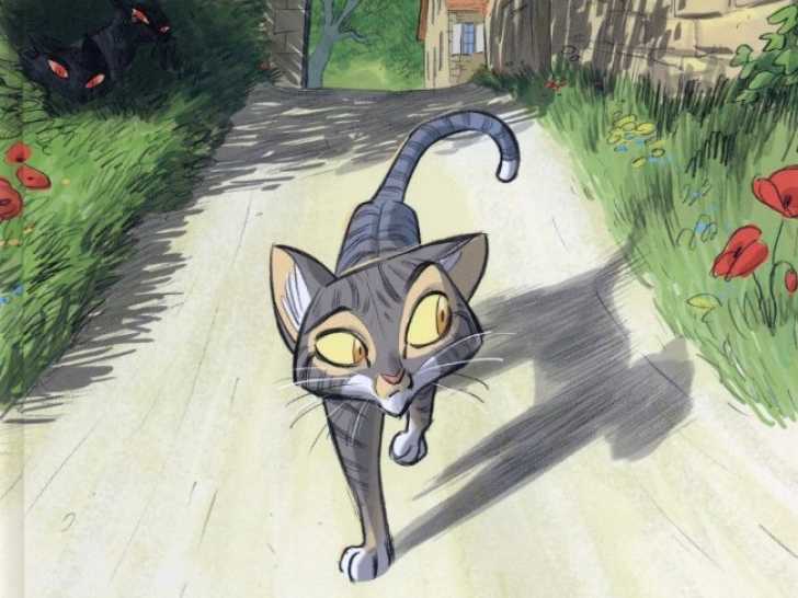 Une image de la bande dessinée « Léonid » montrant le chat Leonid marchant dans une rue d'un village