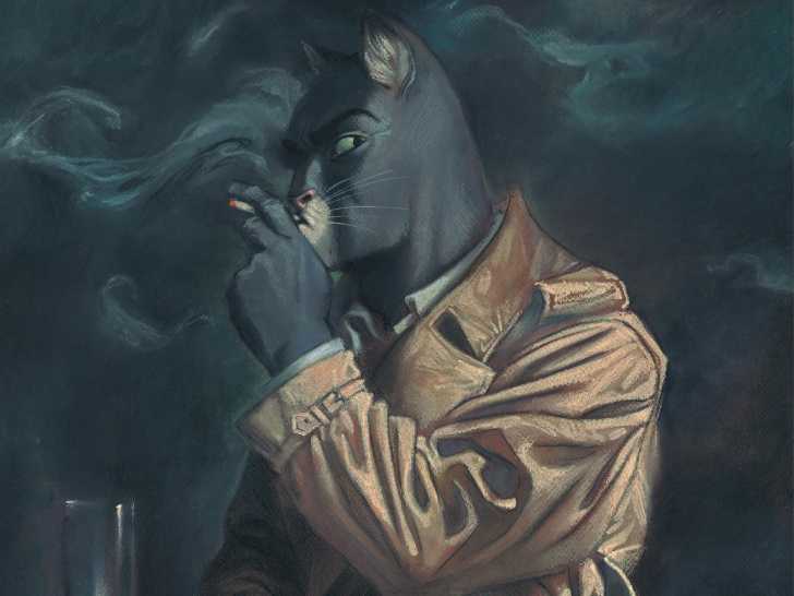 Une image de la bande dessinée « Blacksad » montrant le chat détective privé John Blacksad fumant une cigarette