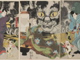 Une estampe de Kuniyoshi avec plusieurs personnages, dont un grand chat noir et blanc.