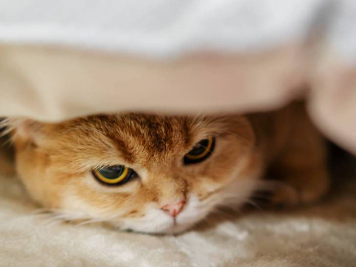 Un chat roux tigré couché sous un linge