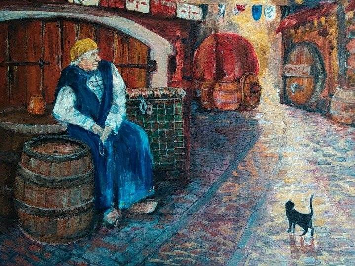 Peinture d'un chat passant devant un moine dans une ville médiévale