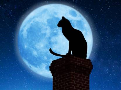 Dessin d'un chat noir perché sur une cheminée devant la pleine lune