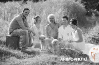 Photo en noir et blanc d'une famille et ses deux Caniches dans un champ