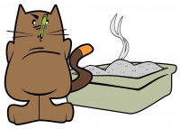 Un dessin d'un chat qui se bouche le nez devant sa litière