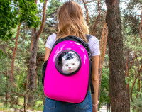 Une femme qui transporte son chat dans un sac à dos à hublot