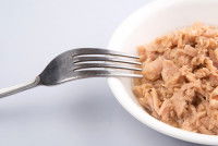 Des morceaux de thon dans une assiette avec une fourchette