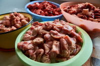 Des gamelles avec de la viande crue pour chat