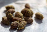 Des noyaux d'olive posés sur une table