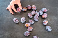 Des prunes fra&icirc;ches sur un plan de travail