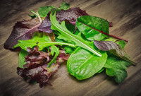 Des feuilles de salade sur une table en bois