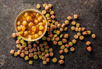 Des croquettes et de la pâtée sur un fond sombre