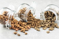 Des bocaux de verre contenant des croquettes pour chat