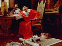 Un portrait du cardinal de Richelieu assis au entouré de ses chats