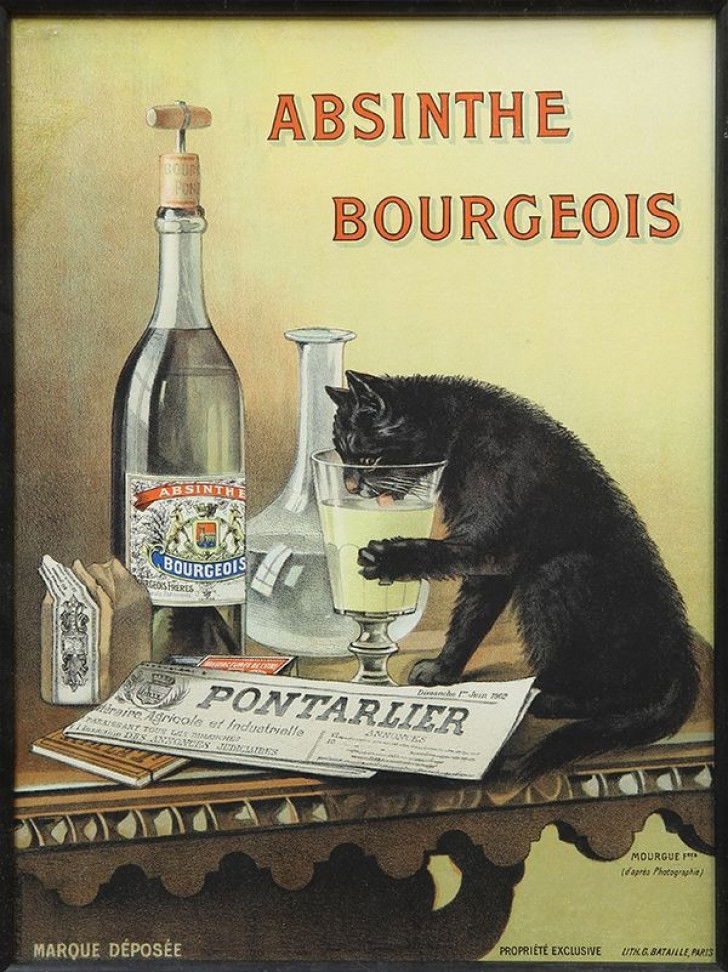 Une affiche avec un chat pour faire la publicité de l’absinthe Bourgeois (1906)