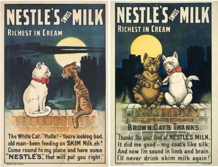 Deux affiches avec des chats pour faire la publicité du lait Nestlé (1934)