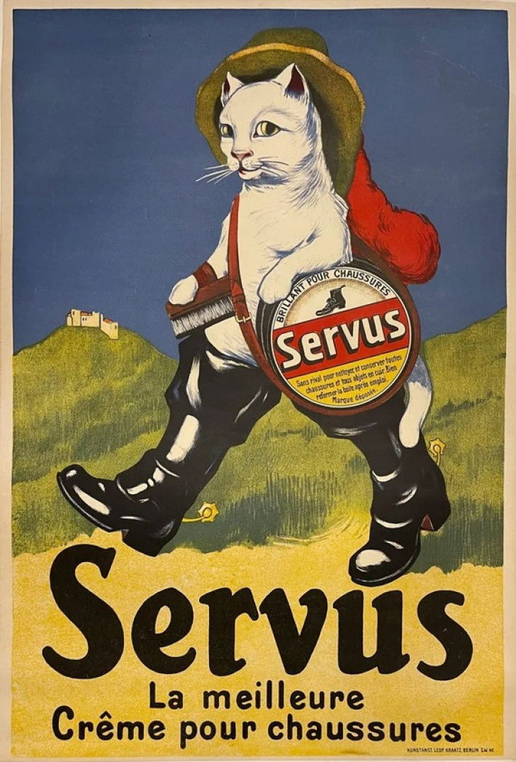 Une affiche avec le Chat botté pour faire la publicité du cirage Servus (1950)