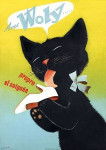 Une affiche avec un chat noir pour faire la publicité du cirage Woly (1986)