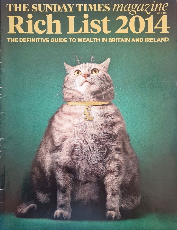 Un gros chat en couverture de la « Rich List 2014 » du Sunday Times