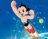 Astro Boy dans l'espace, avec deux planètes en arrière-plan